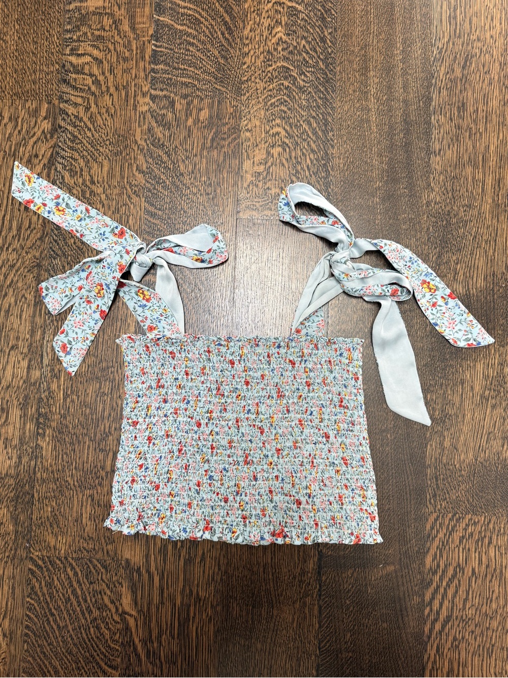 Koch Smocked Floral Crop Top Tie Shoulder Straps Light Blue Ditsy Print Size S
